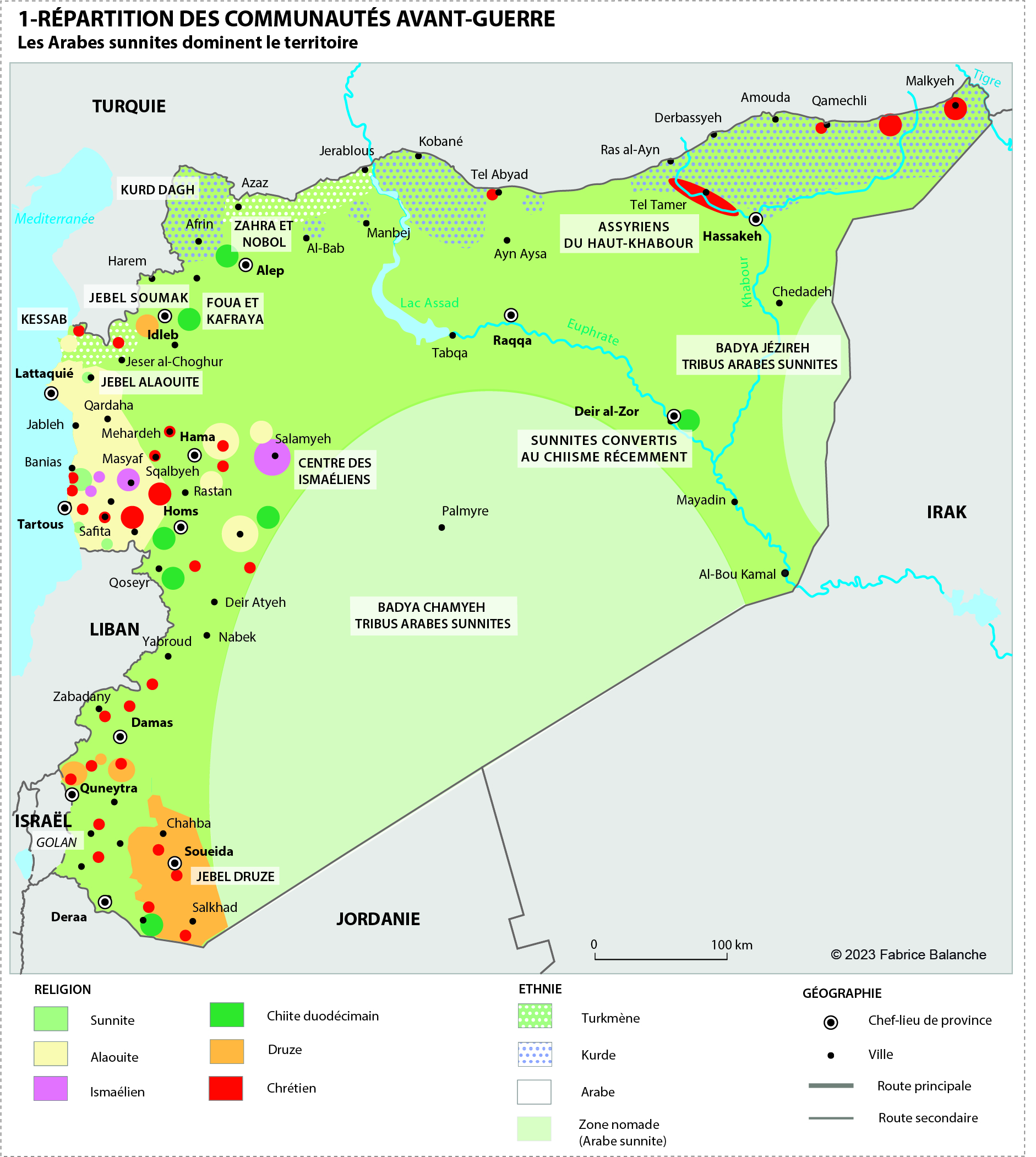 La répartition des communautés en Syrie avant guerre- Carte Fabrice Balanche
