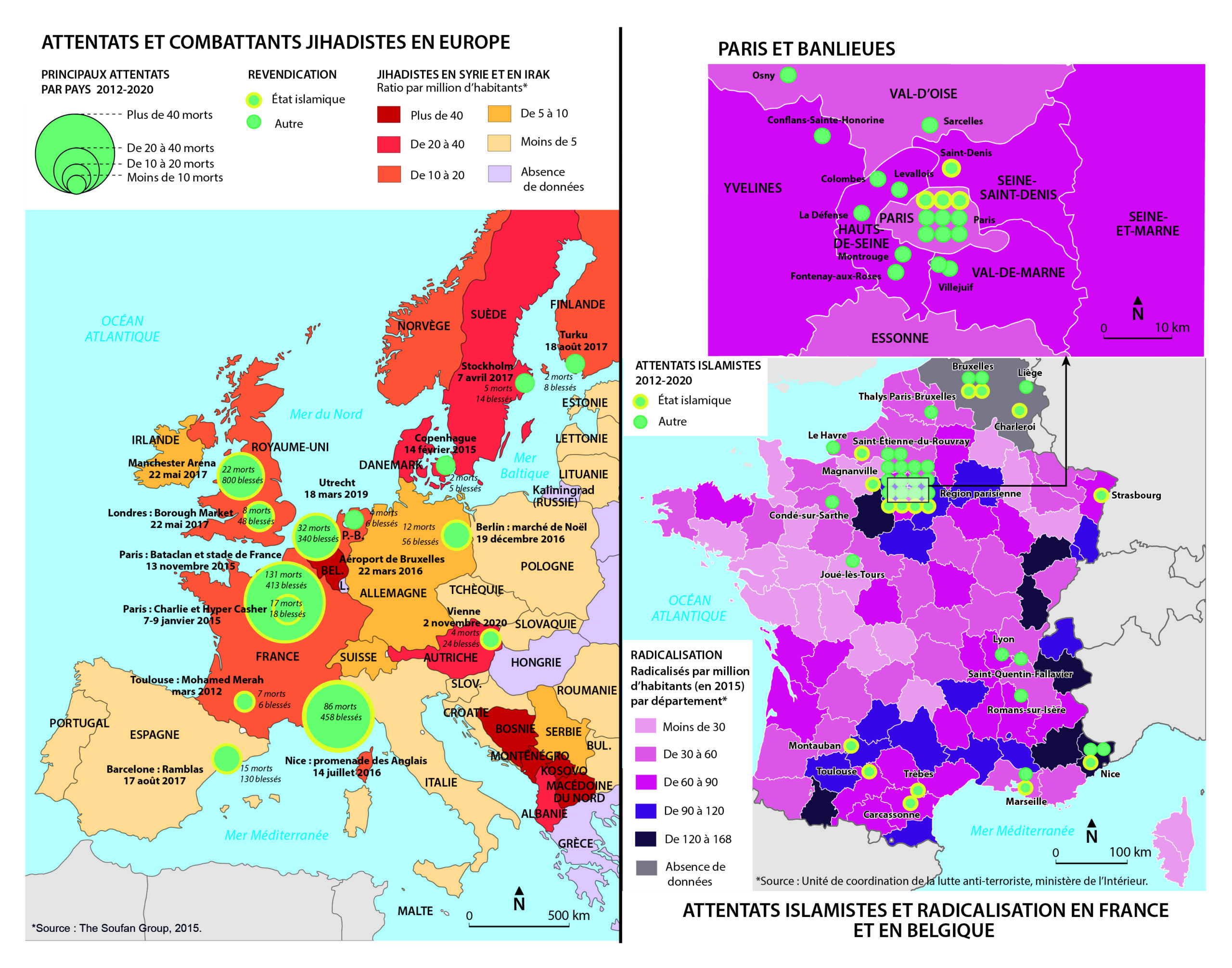 Carte des attentats et combattants jihadistes en Europe